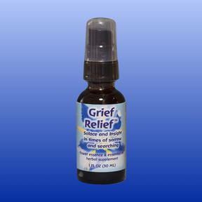 Bottle of Grief Relief Flourish Spray 1 oz with label showing solace and insight during times of sorrow and searching