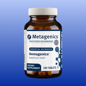 Metagenics Hemagenics dietary supplement bottle with 180 tablets supporting healthy iron and nutrient levels