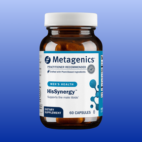 Bottle of Metagenics HisSynergy men’s health dietary supplement with 60 capsules for male libido support