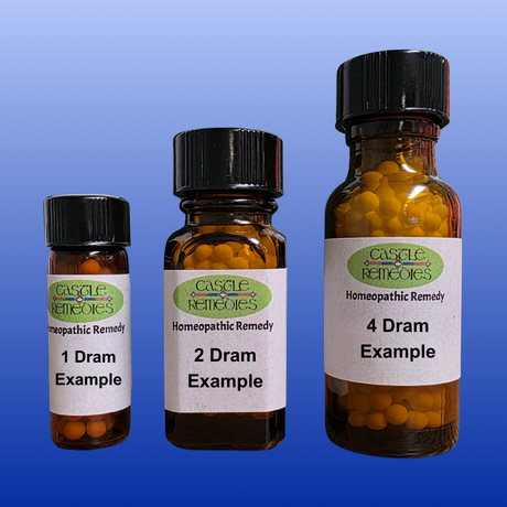 Three amber glass bottles of Castle Remedies homeopathic pellets showing 1 dram, 2 dram, and 4 dram bottle sizes.