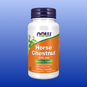 Bottle of Now brand Horse Chestnut 300 mg capsules for circulatory and vascular support with added rutin.
