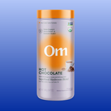 Om Hot Chocolate supplement container on a blue background