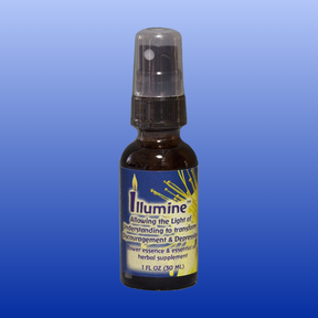 Dark amber 1 oz spray bottle of Illumine Flourish Spray herbal flower essence with blue and yellow label on gradient blue background
