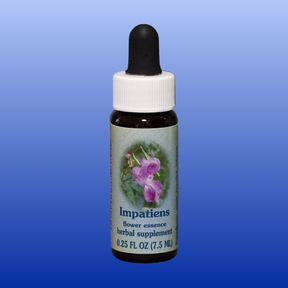 Small dark glass bottle of Impatiens flower essence herbal supplement with dropper and pink flower label