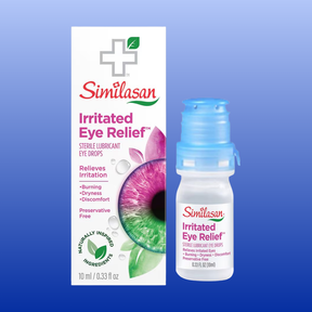 Similasan Irritated Eye Relief sterile lubricant eye drops shown with its white and pink retail box and the clear bottle with a blue cap on a blue gradient background.