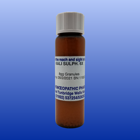 Brown bottle of Kali Sulph 6X lactose-free homeopathic cell salt granules with white cap and label