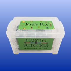 Transparent plastic case labeled Kid's Kit and Castle Remedies containing homeopathic remedies for children.