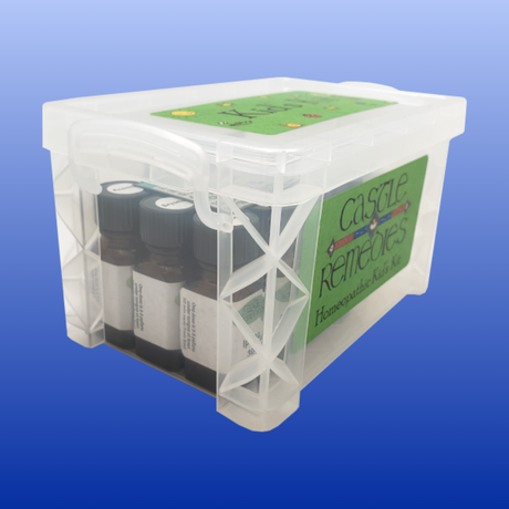 Clear plastic case containing amber glass bottles labeled Castle Remedies Homeopathic Kids Kit with green labels
