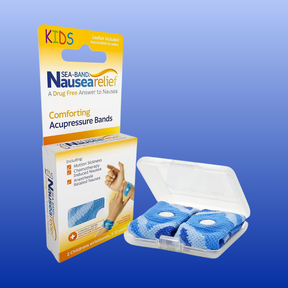 Kids Sea-Band 2 Pack acupressure wristbands for motion sickness and nausea relief in children ages 3 to 12 years.