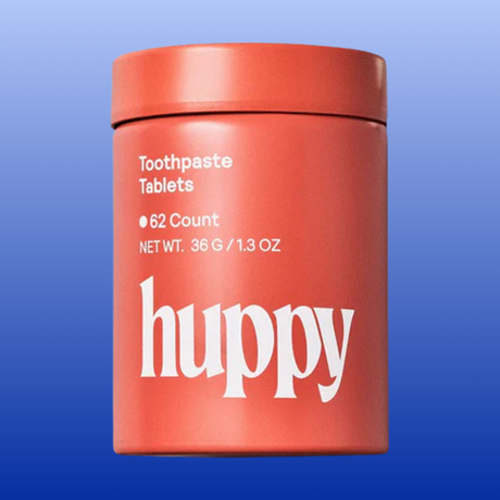 Huppy Strawberry Toothpaste Tablets 62-count package with fluoride-free toothpaste tablets