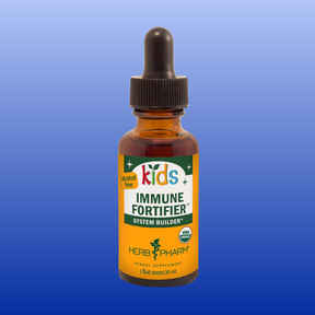 Bottle of Kids Immune Fortifier herbal supplement with dropper, alcohol-free, organic, designed for kids' immune support.