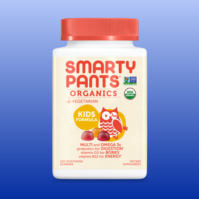 SmartyPants Organics Kids Complete Multivitamin bottle with 120 vegetarian gummies and vegetarian label visible