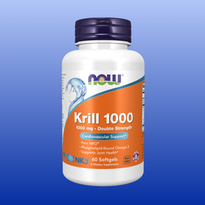 Bottle of Now Krill 1000 Double Strength omega-3 softgels with cardiovascular and joint health support label