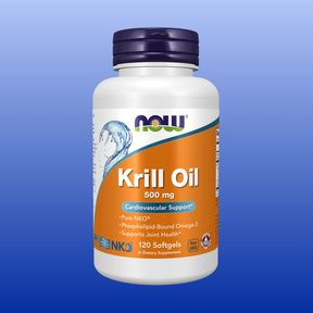 Bottle of Now Krill Oil 500 mg with 120 softgels, featuring Pure NKO, Omega-3, and cardiovascular support.