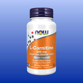Bottle of Now L-Carnitine 500 mg dietary supplement with 60 vegetarian capsules for cellular energy and fat transport.