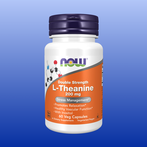 Bottle of Now brand L-Theanine Double Strength 200 mg capsules for stress relief and brain support, 60 vegetarian capsules