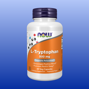 Bottle of NOW L-Tryptophan 500 mg dietary supplement with 60 vegetarian capsules for mood and sleep support
