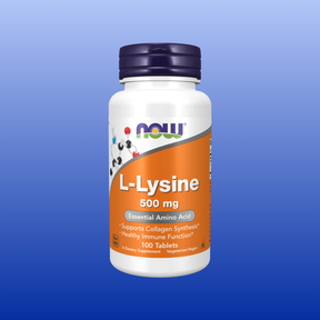 Bottle of NOW L-Lysine 500 mg dietary supplement with 100 tablets for collagen synthesis and immune support.