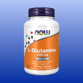 Bottle of NOW L-Glutamine 500 mg supplement, 120 vegetarian capsules supporting immune function and nitrogen transport
