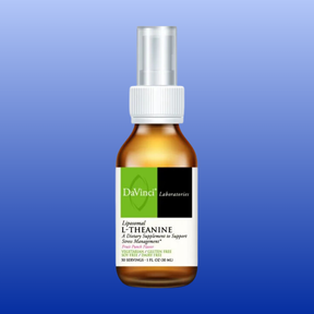 Brown glass bottle of DaVinci Liposomal L-Theanine spray dietary supplement for stress and anxiety relief