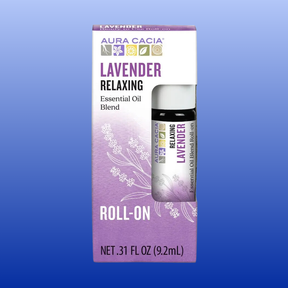 Aura Cacia Lavender Relaxing Essential Oil Blend Roll-On .31 fl oz bottle with purple floral packaging