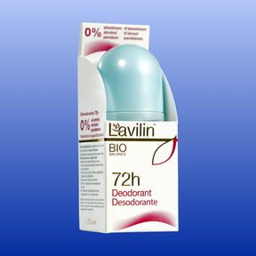 Lavilin Bio Balance 72h deodorant roll on with 0% aluminum, alcohol, and parabens in white and light blue packaging