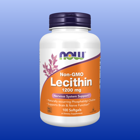 NOW Non-GMO Lecithin 1200 mg softgels bottle for nervous system support with natural phosphatidyl choline, 100 capsules