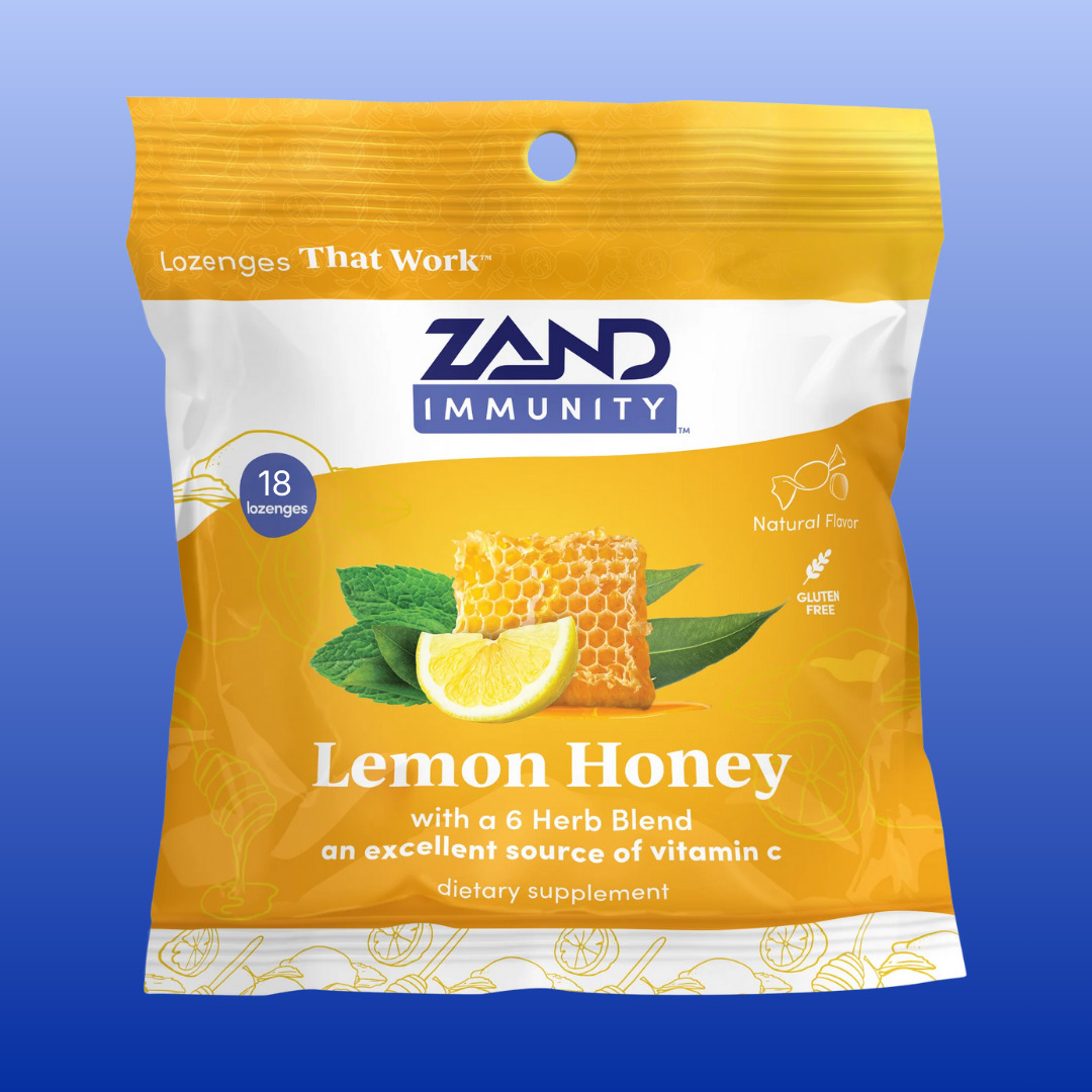 Zand Immunity Lemon Honey lozenge package on a blue background
