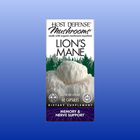 Host Defense Lion’s Mane dietary supplement box showing mushroom image for memory and nerve support, 60 capsules.
