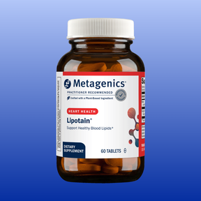 Bottle of Metagenics Lipotain 60 tablets dietary supplement for heart health and healthy blood lipids support