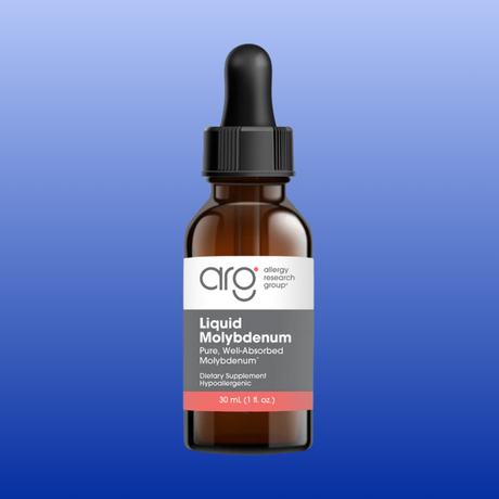A 30 mL amber glass dropper bottle of ARG Allergy Research Group Liquid Molybdenum dietary supplement, centered against a blue gradient background.
