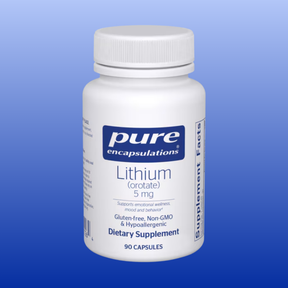 Pure Encapsulations Lithium Orotate 5 mg dietary supplement bottle with 90 capsules for mood and emotional wellness
