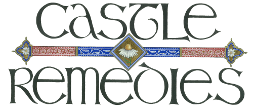 Stylized text logo reading "Castle Remedies" with decorative medieval-style horizontal bar and floral emblem in blue and red accents.
