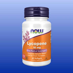 Bottle of NOW Lycopene 10 mg softgels dietary supplement supporting vascular health with tomato extract