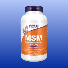 Bottle of NOW MSM 240 vegetarian capsules with 1000mg methylsulfonylmethane for joint and cartilage support
