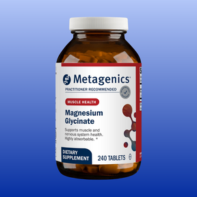 Bottle of Metagenics Magnesium Glycinate dietary supplement with 240 tablets for muscle and nervous system health