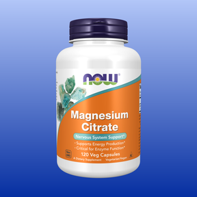 Bottle of NOW Magnesium Citrate dietary supplement with 120 vegetarian capsules for energy and nervous system support