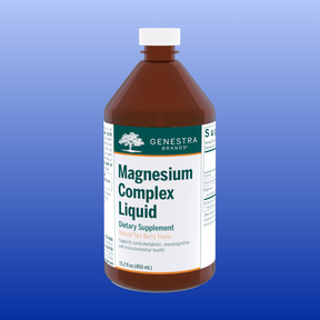 Bottle of Genestra Magnesium Complex Liquid dietary supplement with natural tart berry flavor on blue background