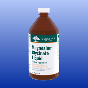 Bottle of Genestra Magnesium Glycinate Liquid dietary supplement 15.2 oz with apple pomegranate flavor
