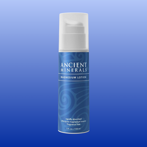 Ancient Minerals Magnesium Lotion 5 oz bottle with blue label, fragrance-free topical magnesium lotion cream