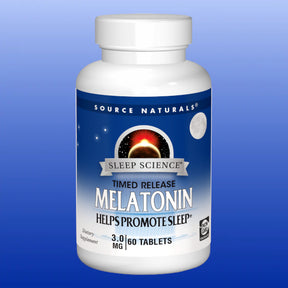 Bottle of Source Naturals Timed Release Melatonin 3mg, 60 tablets, dietary supplement for sleep support