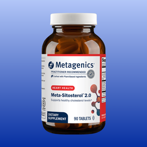 Bottle of Meta-Sitosterol 2.0 dietary supplement for heart health with 90 tablets by Metagenics on blue background
