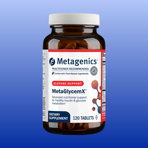 Bottle of MetaGlycemX dietary supplement tablets supporting healthy insulin and glucose metabolism with plant-based ingredients