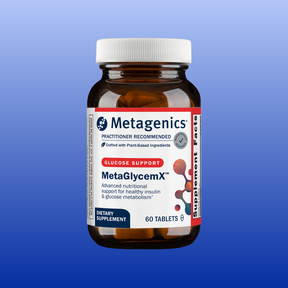 Bottle of MetaGlycemX dietary supplement by Metagenics with 60 tablets for glucose and insulin support