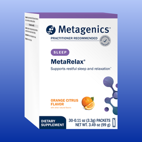 Metagenics MetaRelax orange citrus magnesium powder supplement box for restful sleep and relaxation 30 packets