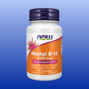 Bottle of Methyl B-12 5000 mcg lozenges for energy production and nervous system health with folate and methylcobalamin