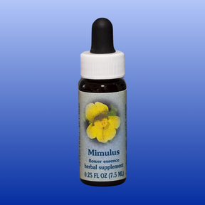 Mimulus Flower Essence 0.25 oz bottle with yellow flower image, herbal supplement for courage and confidence