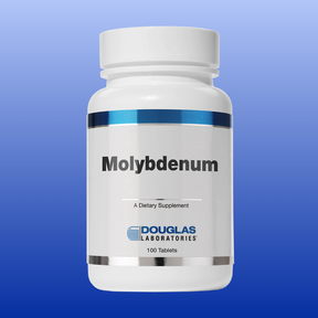 White bottle of Douglas Laboratories Molybdenum dietary supplement with 100 tablets on blue gradient background