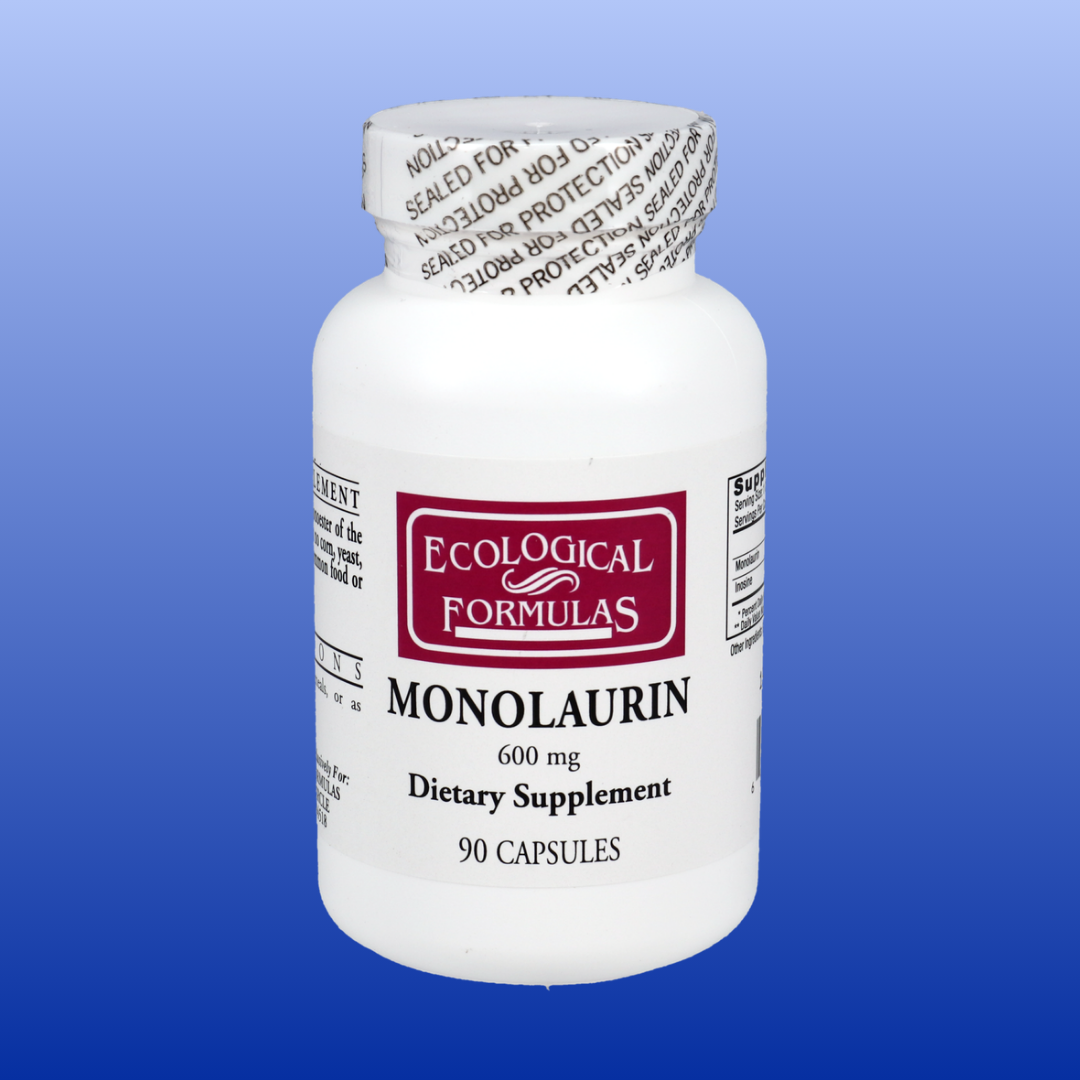 Ecologicaly Formulas Monolaurin capsules in a white bottle against a blue background