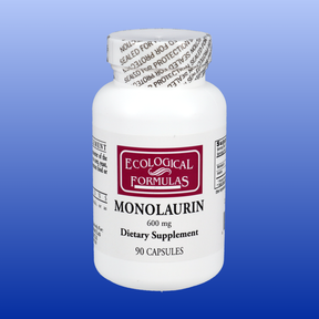 Ecologicaly Formulas Monolaurin capsules in a white bottle against a blue background